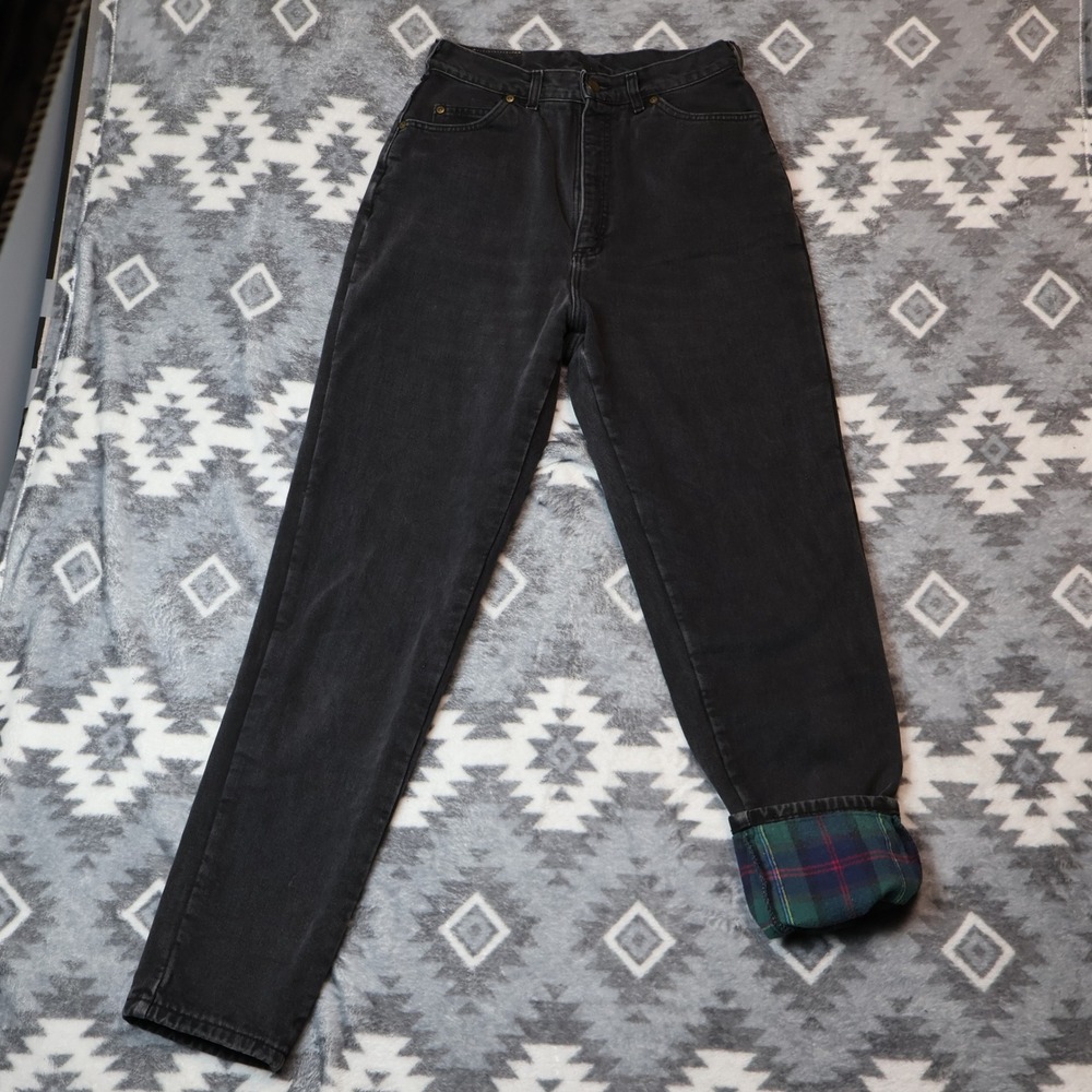 LL Bean Vintage Flannel Lined Jeans Black Plaid High Waist Made in USA 12 Tall